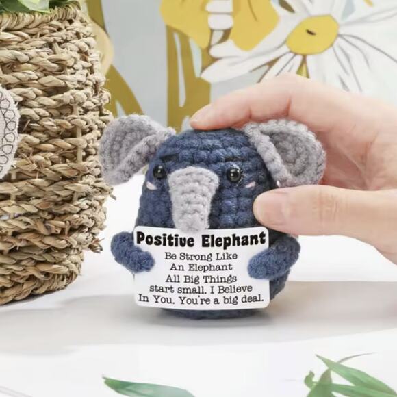 Handmade Crochet Elephant with Positive Message | Inspirational Desk Decor Gift - Picture 4 of 5
